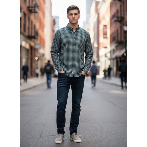 Old Navy Green & Gray Plaid Long Sleeve Button Down Shirt Size L - Picture 10 of 12